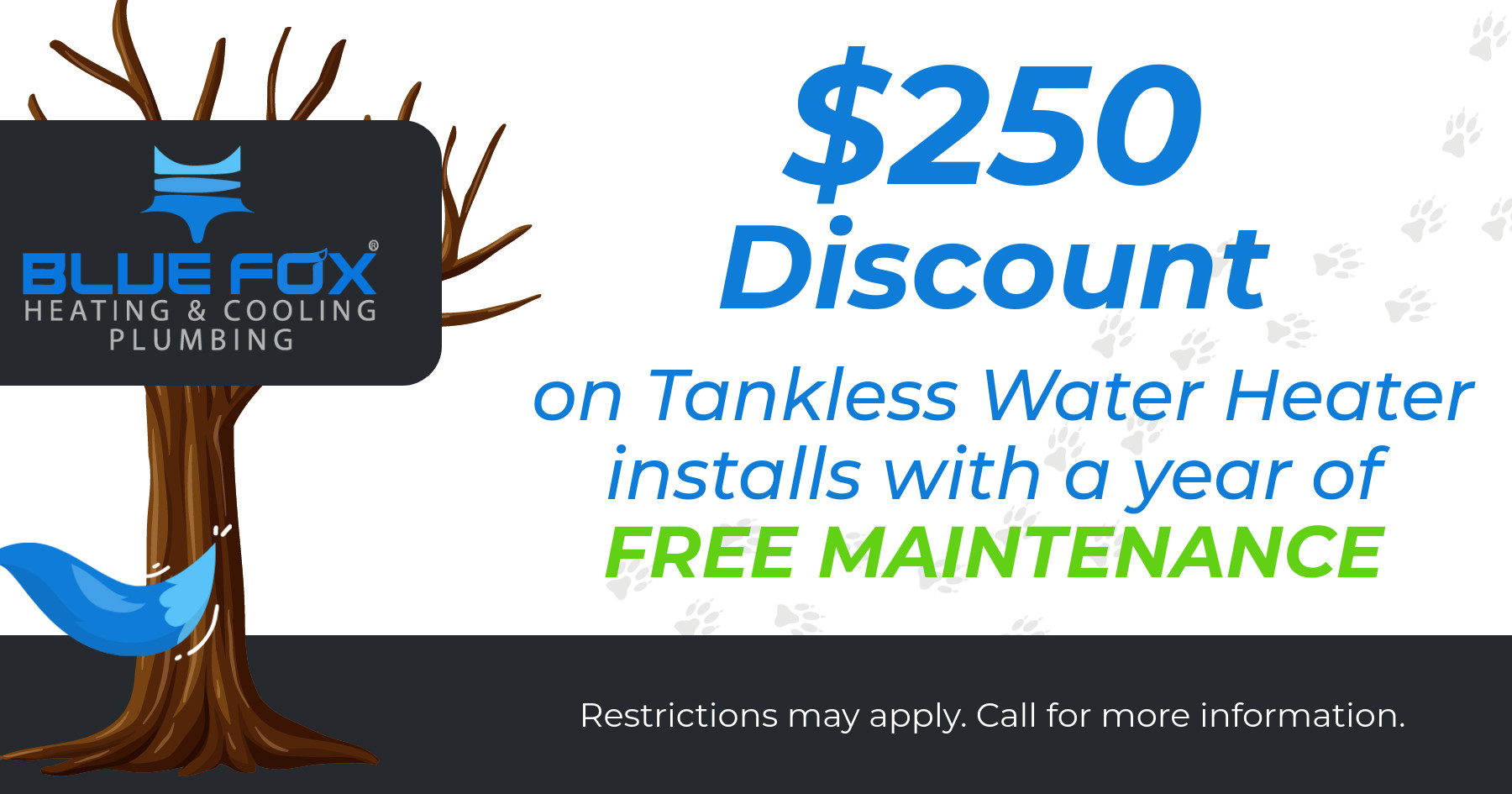 $250 Discount on Tankless Water Heater installs with a year of free maintenance.